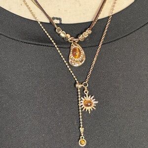 Tiger’s Eye Layered Necklaces with Gold Tone Steel Alloy and Silk Cord